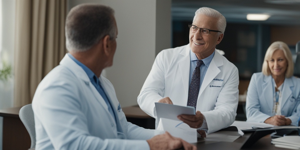 Middle-aged men discussing prostate health in a medical office, surrounded by anatomical models and educational pamphlets.  .png