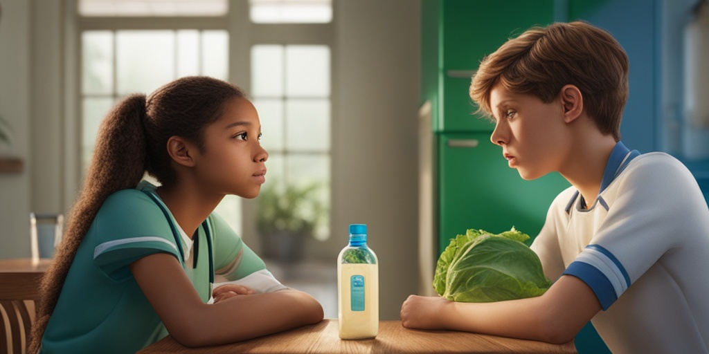 Split-screen image highlights teenage health issues, featuring a girl with digestive concerns and a boy with respiratory symptoms.  .png