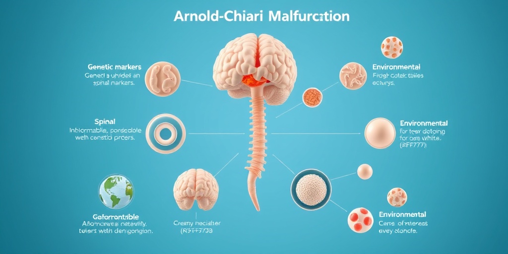 A 3D render depicting genetic and environmental factors of Arnold-Chiari Malformation, set against a clinical blue background for clarity. 3.png