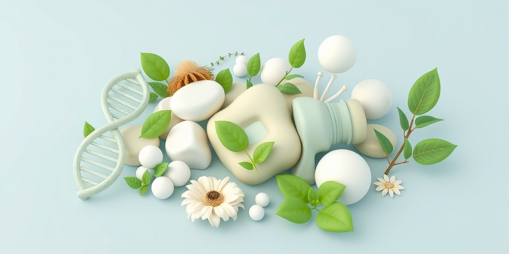 A 3D render depicting genetic and environmental risk factors for Basal Ganglia Calcification with symbolic elements in a photorealistic style.  3.png