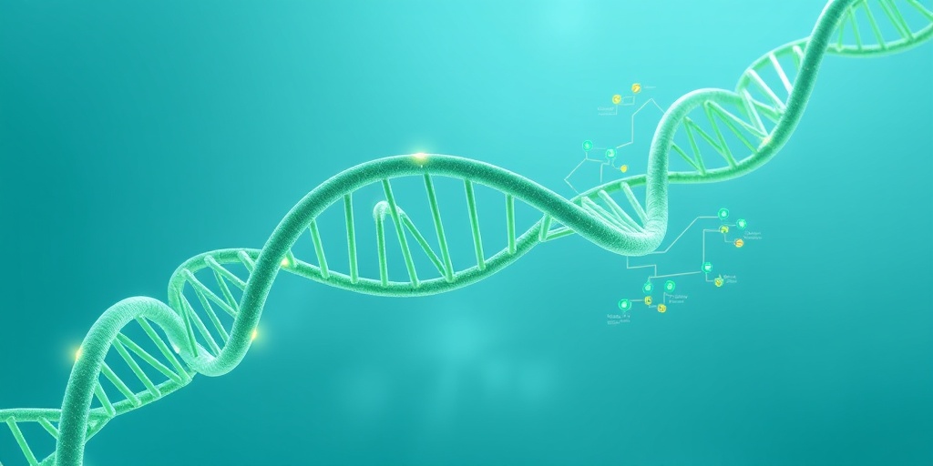 A 3D render of DNA intertwined with family trees, illustrating genetic links to pulmonary hypertension against a soft blue background.  3.png