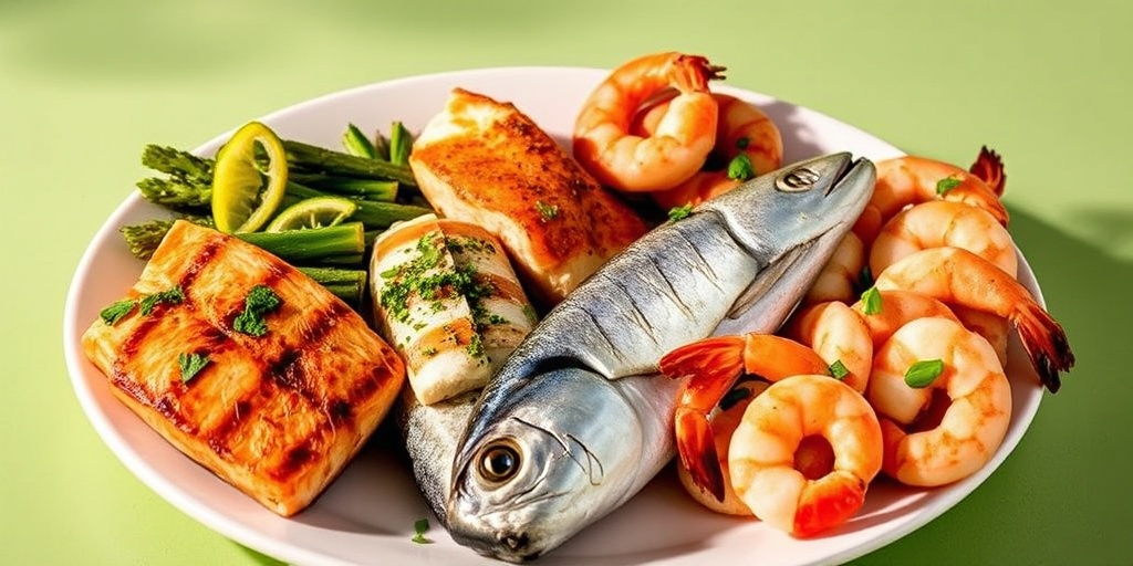 A beautifully arranged plate of grilled salmon and shrimp, promoting healthy, low mercury eating choices in a fresh atmosphere.  3.png