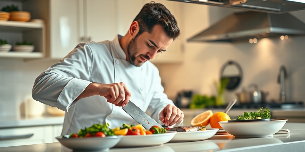 A chef demonstrates cooking techniques for low mercury fish, showcasing fresh ingredients in a vibrant kitchen environment.  4.png