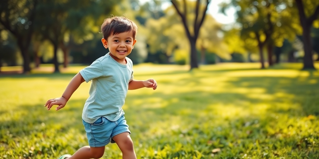 A child plays soccer in a park, smiling and active, symbolizing recovery from rickets with straightened legs and vibrant surroundings.  5.png