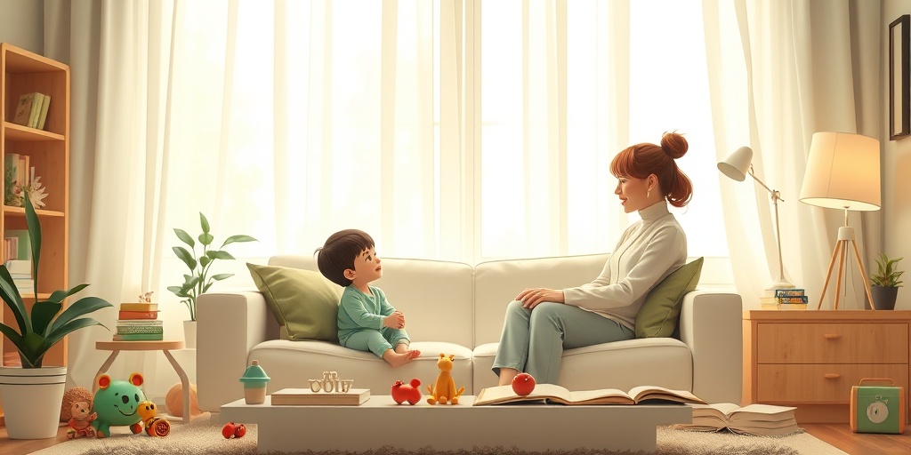 A child sits on a therapist's couch, surrounded by calming colors and toys, symbolizing healing and support.  4.png