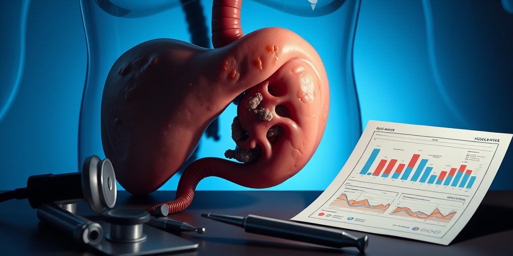 A close-up of a gallbladder with complications like gallstones, highlighted by dramatic lighting on a blue background. 4.png