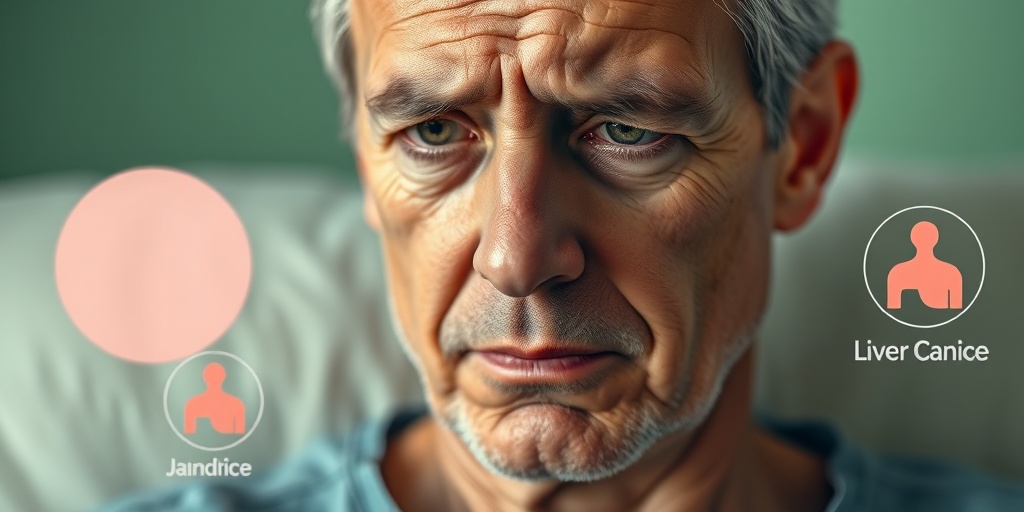 A close-up of a patient shows concern and determination, surrounded by visual elements of liver cancer symptoms.  2.png