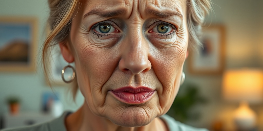 A close-up of a woman's face reveals confusion and concern, highlighting mini-stroke symptoms in a warm home environment.  2.png
