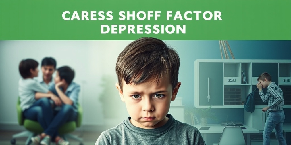 A collage illustrates childhood depression risk factors, featuring a worried child and elements of family conflict and bullying.  3.png