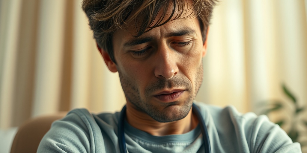 A concerned individual in a doctor's office, reflecting symptoms of AAT Deficiency with a calming creamy white and green backdrop.  2.png