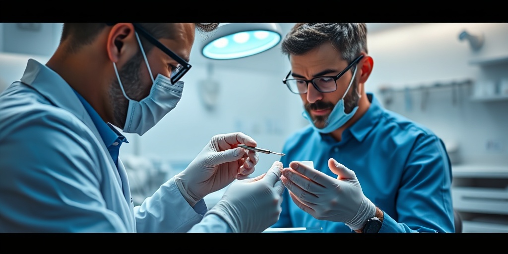 A dental professional explaining treatment options to a patient, set in a modern clinic with bright, clinical lighting.4.png