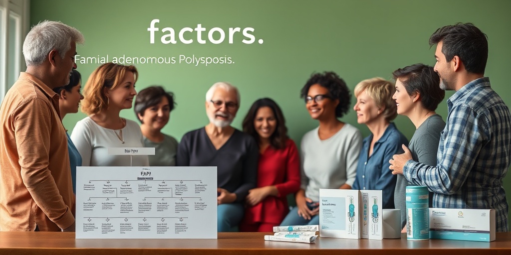A diverse group discusses family history and genetic testing for FAP, with supportive visuals like a family tree and testing kits. 3.png