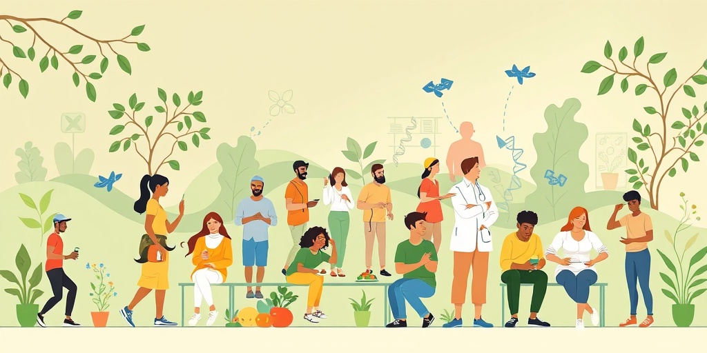 A diverse group engaging in healthy activities, highlighting lifestyle choices and genetic predispositions against a serene backdrop. 3.png