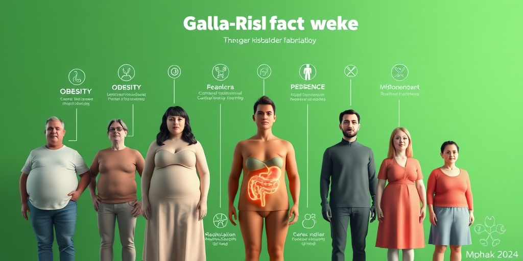 A diverse group illustrates gallbladder inflammation risk factors, set against a harmonious green background. 3.png