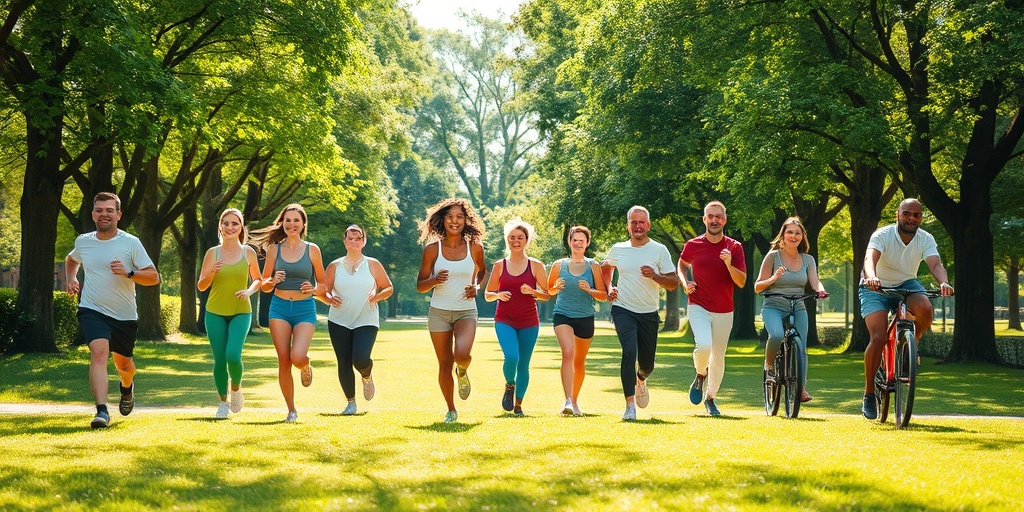 A diverse group jogs, practices yoga, and cycles in a vibrant park, embodying the joy of exercise and health benefits. 2.png
