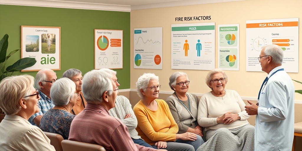 A diverse group of older adults at a health seminar, learning about Giant Cell Arteritis risk factors from a healthcare professional.  3.png