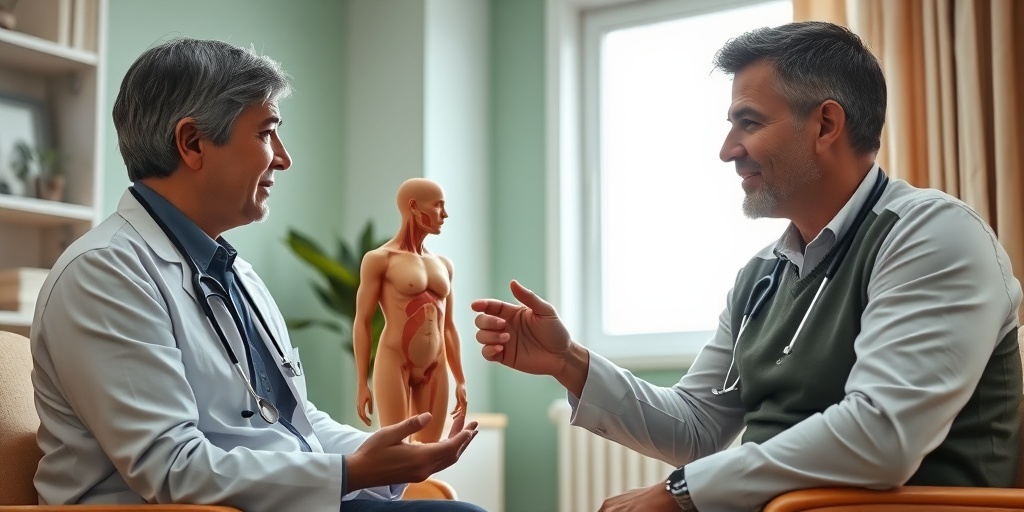 A doctor explains CMTC risk factors to a parent, using an anatomical model in a bright consultation room.  3.png