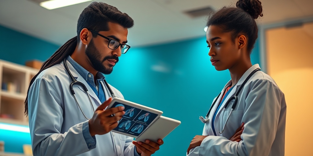 A doctor uses a tablet to explain Tuberculosis symptoms to an engaged young adult in a modern clinic setting.2.png