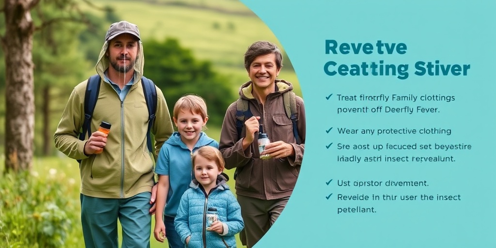 A family gearing up for outdoor fun, emphasizing protective clothing and insect repellent against a lush green landscape. 5.png