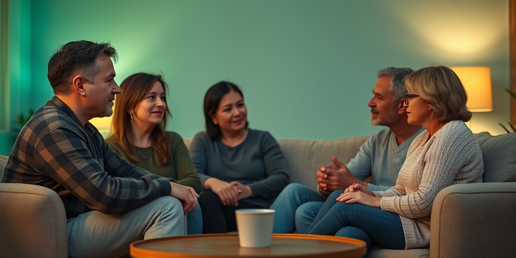 A family in a cozy living room, discussing the challenges of supporting a loved one with substance abuse issues.  5.png
