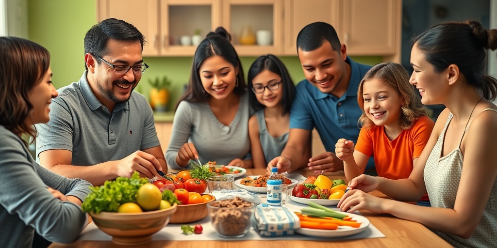 A family prepares a healthy meal together, surrounded by colorful foods and insulin supplies, showcasing love and support in diabetes management.  5.png