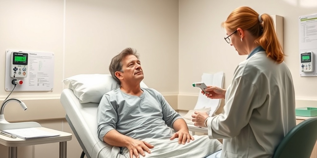 A fatigued patient sits on an examination table, discussing symptoms with a caring healthcare professional in a clinical setting.  2.png