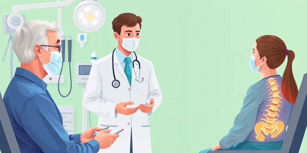 A healthcare professional discusses slipped disc treatments with a patient, surrounded by therapy equipment in a soft green clinical setting.  4.png