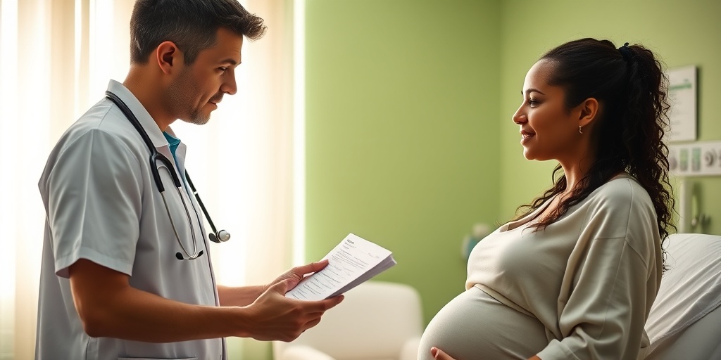 A healthcare professional discusses treatment options with a pregnant woman, fostering hope and informed decision-making in a calming setting.4.png