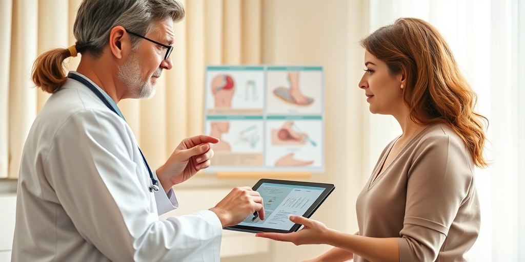A healthcare professional explains FAP treatment options to a patient, using diagrams and a digital tablet in a well-lit consultation room. 4.png