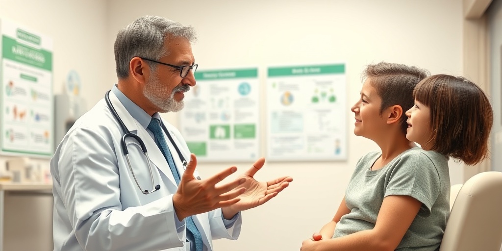 A healthcare professional explains infantile spasms to a concerned parent in a warm, well-lit pediatric clinic.  3.png