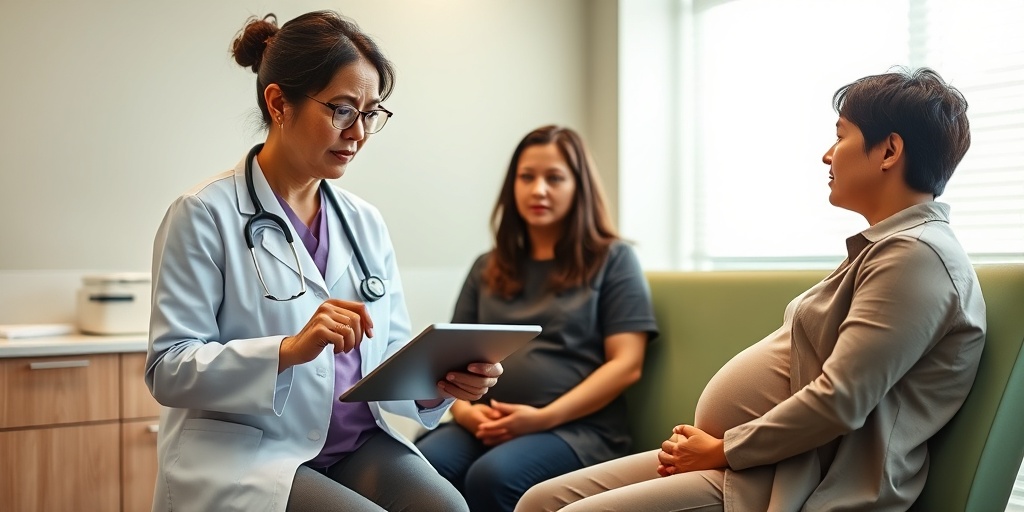 A healthcare professional explains triplet pregnancy risks to a concerned couple in a calming examination room.  2.png