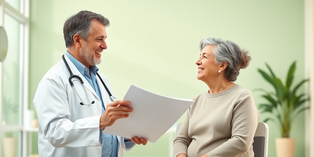A healthcare provider discussing treatment options with a patient in a bright clinic, symbolizing hope for Giant Cell Arteritis management.  5.png