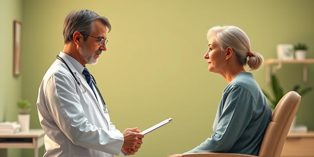 A medical professional discussing Arnold-Chiari treatment options with a patient in a healing green environment, radiating warmth and hope. 4.png