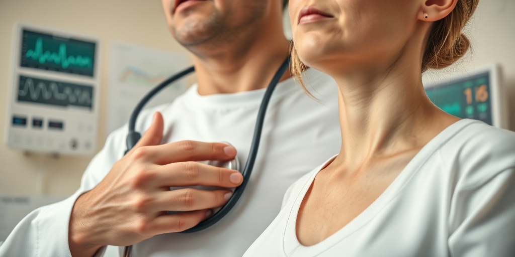 A medical professional examines a patient with a stethoscope, capturing anxiety and hope in a modern clinic setting.  2.png