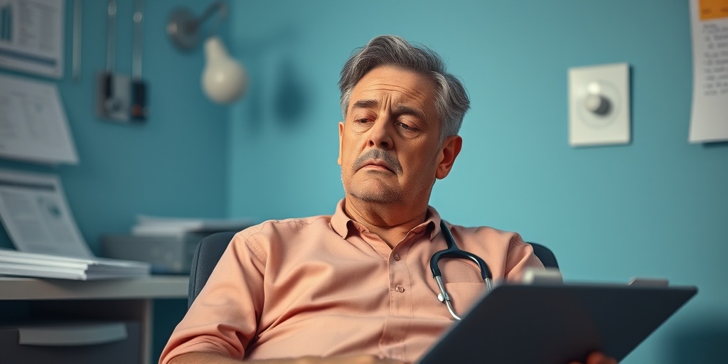 A middle-aged patient in a doctor's office, displaying discomfort and fatigue, surrounded by medical charts and a stethoscope. 2.png