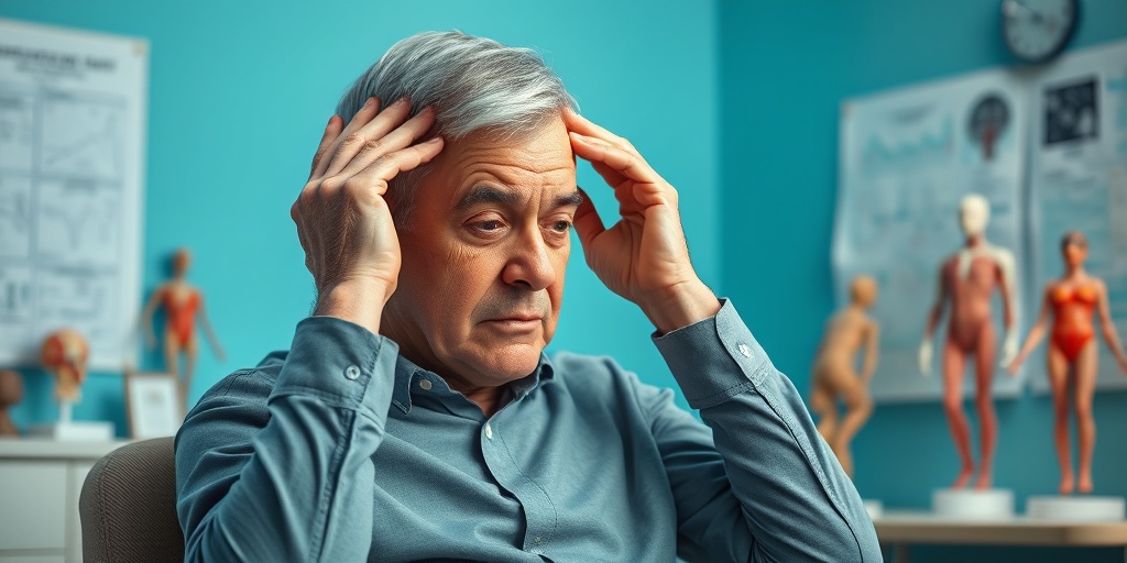 A middle-aged patient in a doctor's office, holding their head in discomfort, reflecting symptoms of Giant Cell Arteritis.  2.png