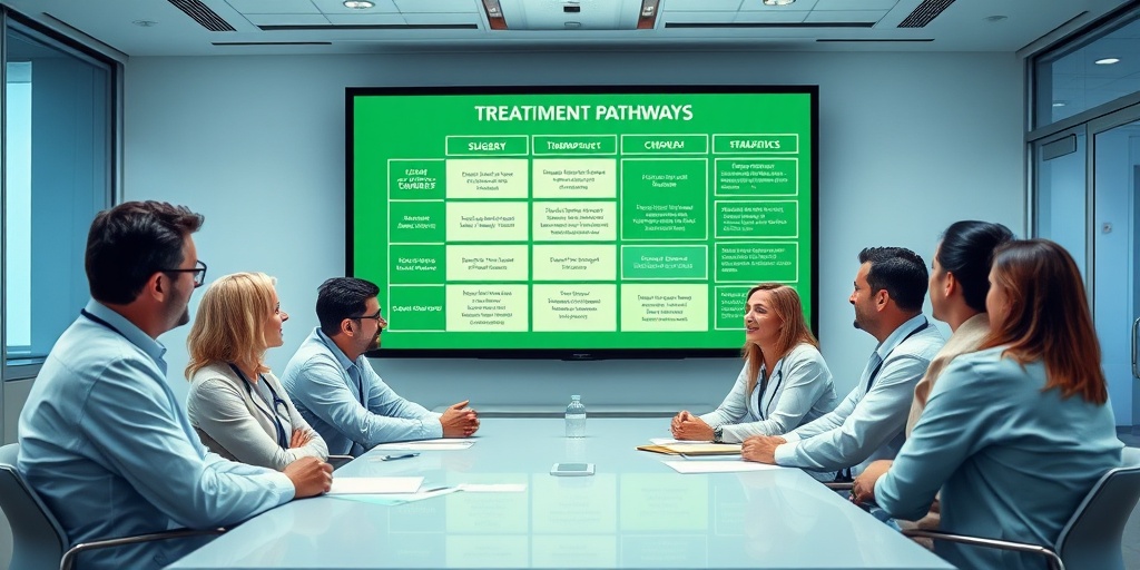 A multidisciplinary team discusses liver cancer treatment options in a modern hospital conference room, fostering collaboration and hope.  4.png