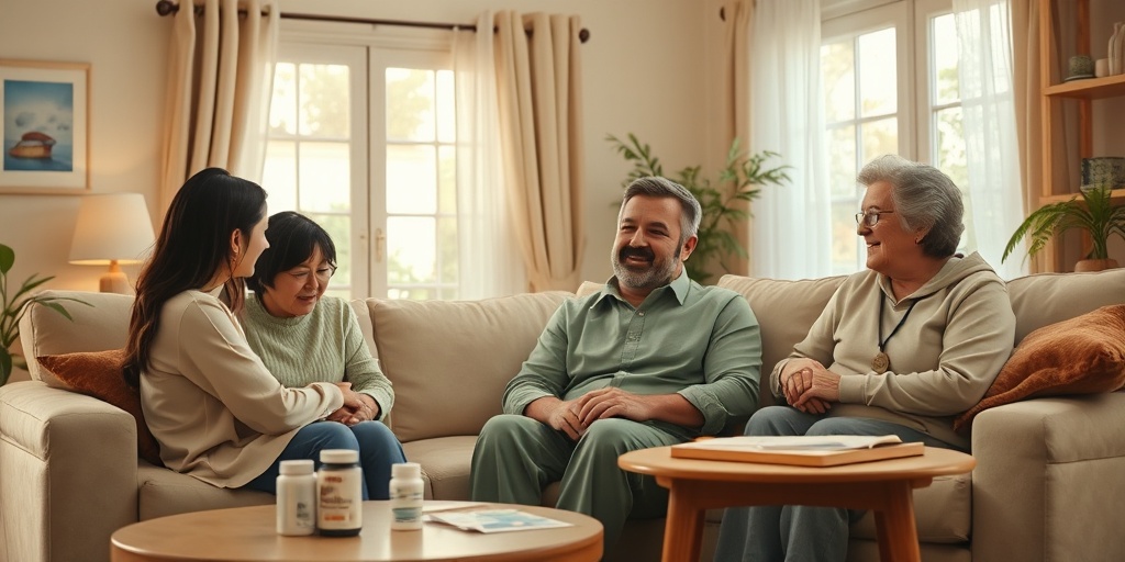 A patient at home shares a light moment with family, surrounded by medication and support, illustrating resilience in health.  5.png