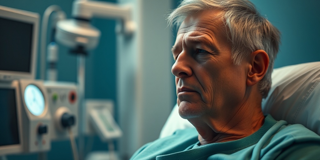 A patient in a clinical setting displays symptoms of Non-Small Cell Lung Cancer, surrounded by medical equipment and a concerned expression.2.png