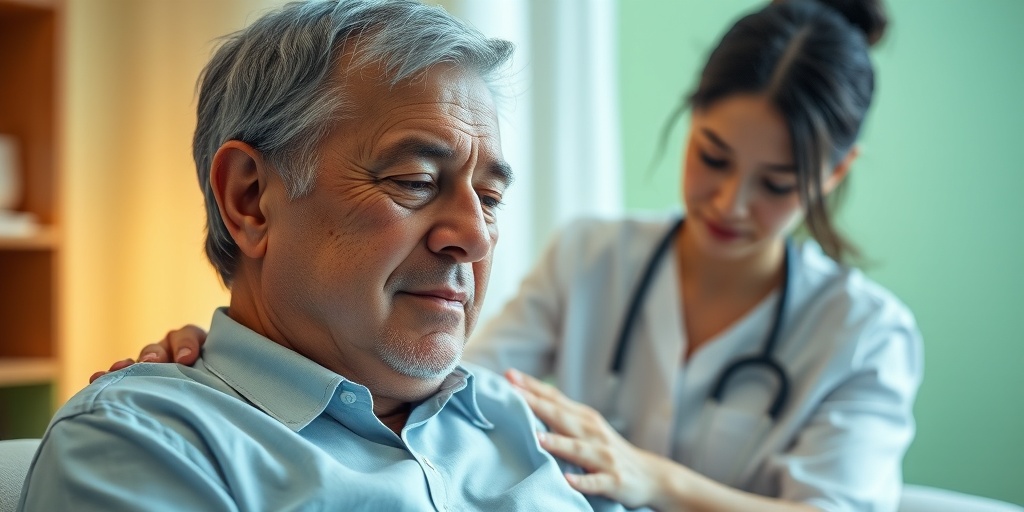 A patient in a clinical setting, expressing fatigue, supported by a compassionate healthcare professional in a warm, empathetic atmosphere.2.png