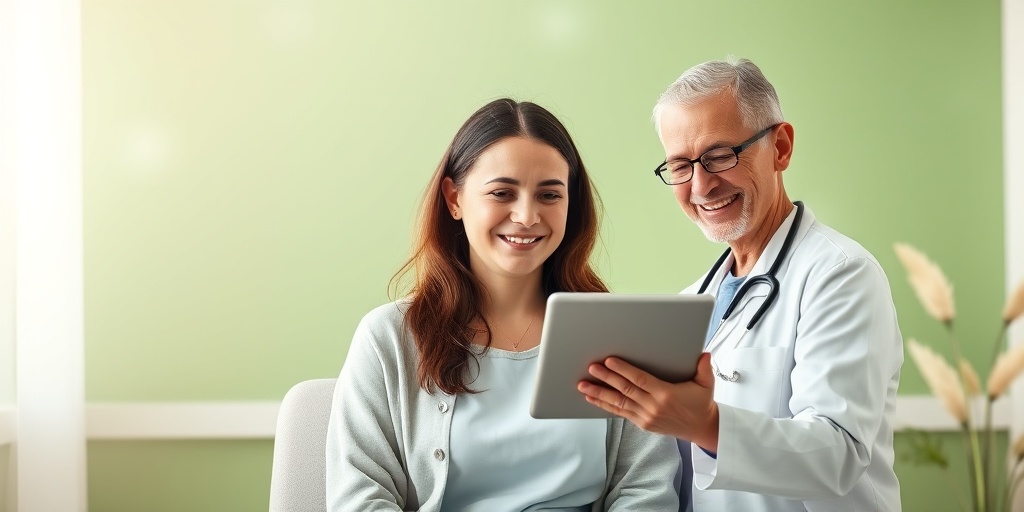 A patient in a follow-up appointment, expressing relief as a healthcare provider shares positive results on a digital tablet.  5.png