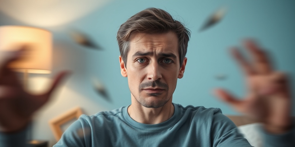 A person displaying dizziness and confusion in a softly lit room, surrounded by blurred objects symbolizing disorientation.  2.png