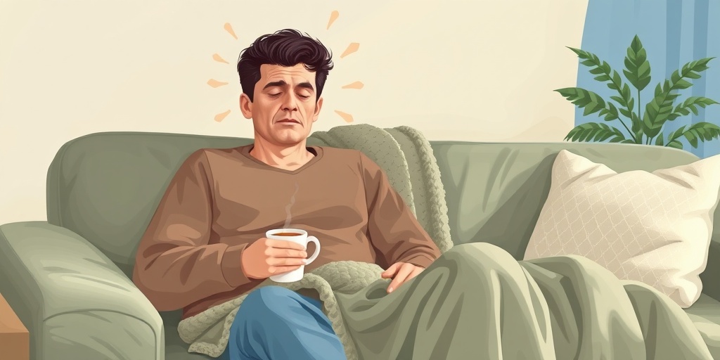 A person in a cozy living room, wrapped in a blanket, showing signs of Deerfly Fever with herbal tea nearby. 2.png