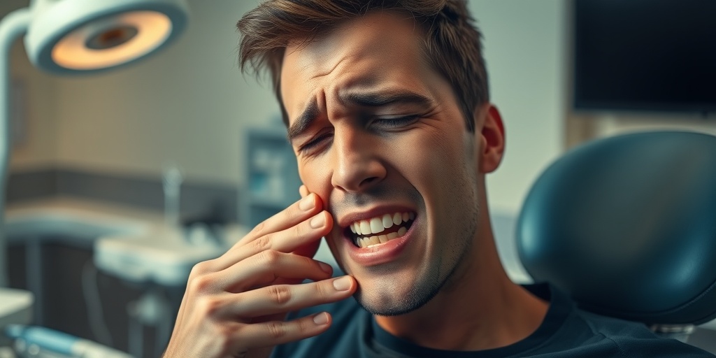 A person in a dental office, holding their cheek in pain, showcasing the emotional impact of tooth decay.2.png