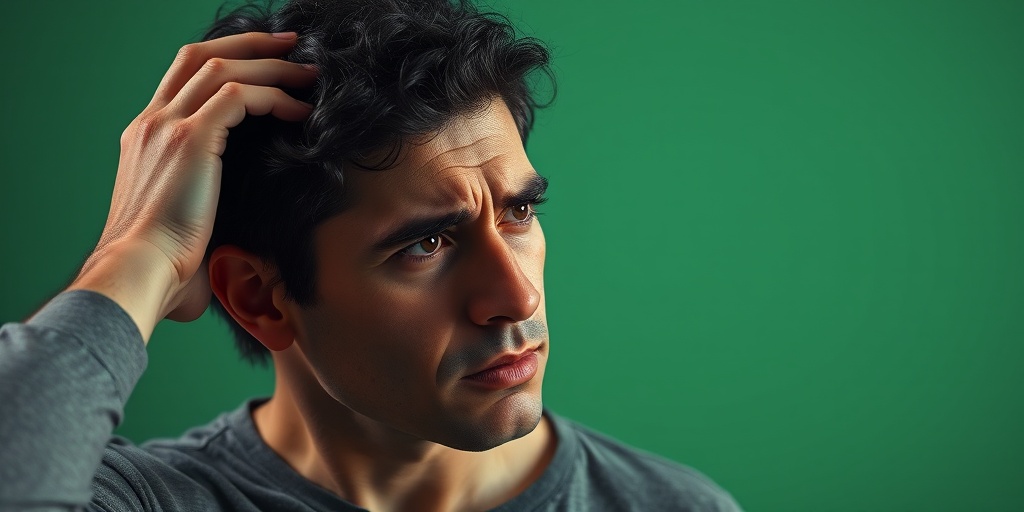 A person in discomfort, holding their head, surrounded by a calming green backdrop, expressing the emotional weight of Arnold-Chiari symptoms. 2.png