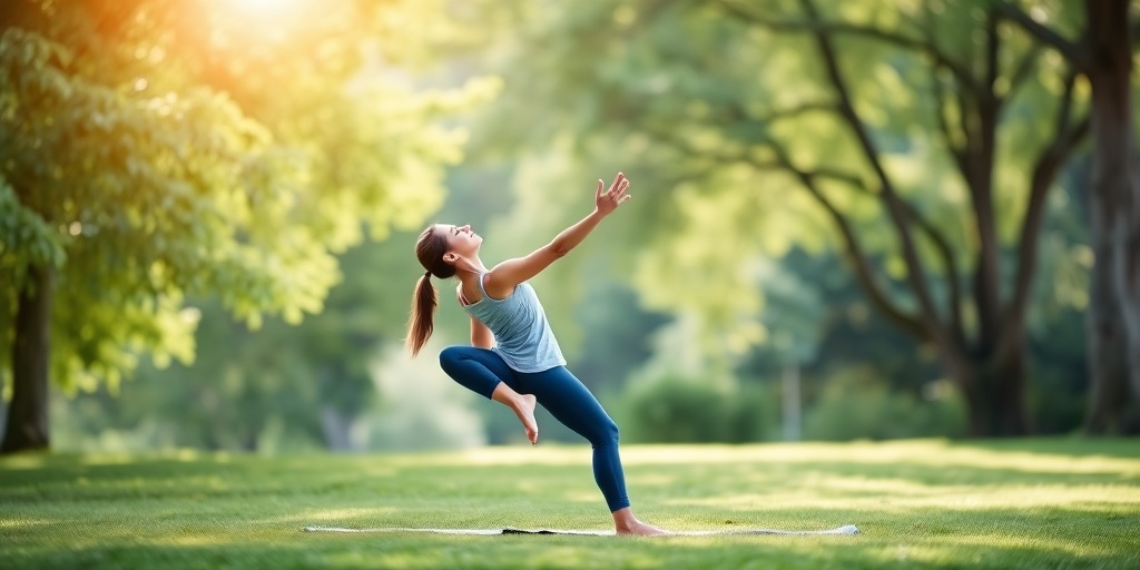 A person practices yoga outdoors, showcasing flexibility and strength amidst a harmonious blend of green and blue, promoting wellness.  5.png