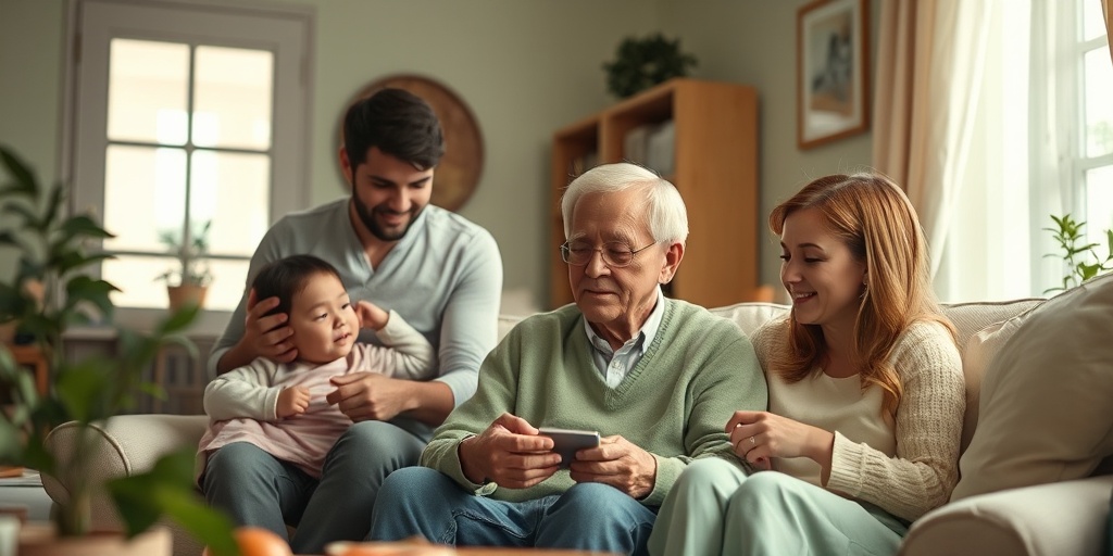 A person with labyrinthine positional nystagmus engaging in daily activities at home, surrounded by supportive family in a warm atmosphere.  5.png