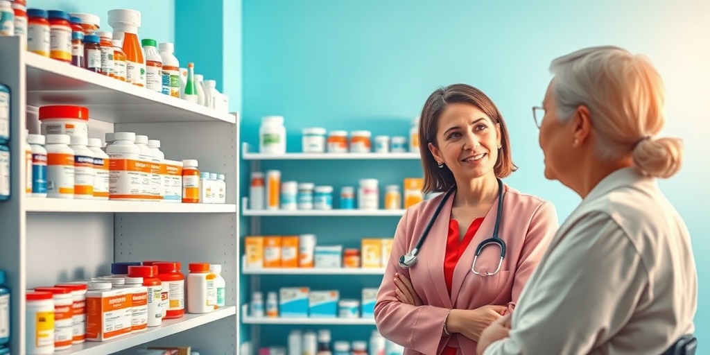 A pharmacy shelf displays TB medications while a healthcare professional advises a patient on treatment adherence and support.4.png