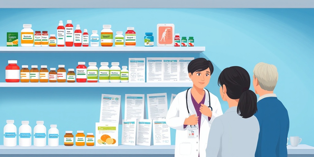 A pharmacy shelf filled with medications and supplements, with a healthcare professional discussing personalized treatment plans with a patient. 4.png