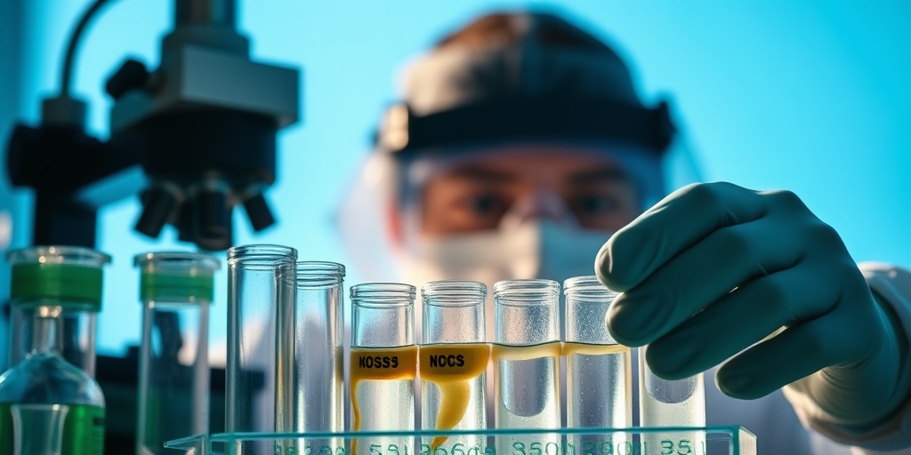 A scientist analyzes fish samples in a lab, highlighting mercury risks with dramatic lighting and protective gear.  2.png